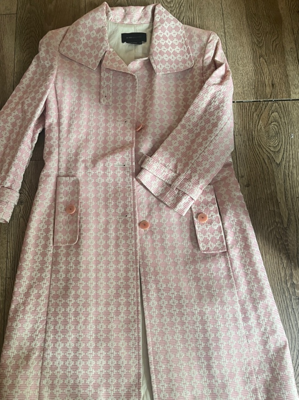 BCBGMaxAzria Pink and White Tweed Knee-Length Trench Coat